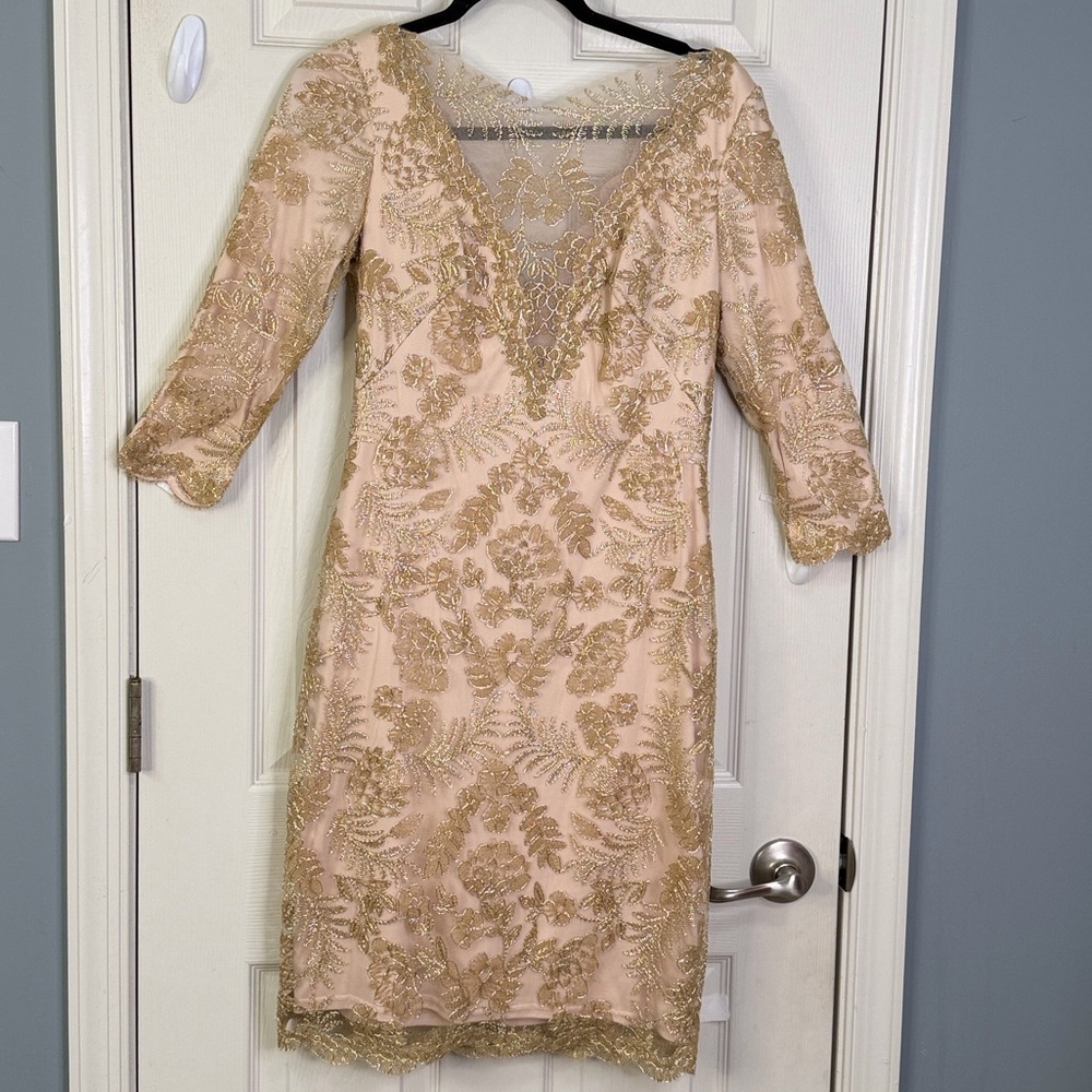 Tadashi Shoji Zuri Gold Embroidered Lace Dress Formal Mother of The Bride - Picture 4 of 16